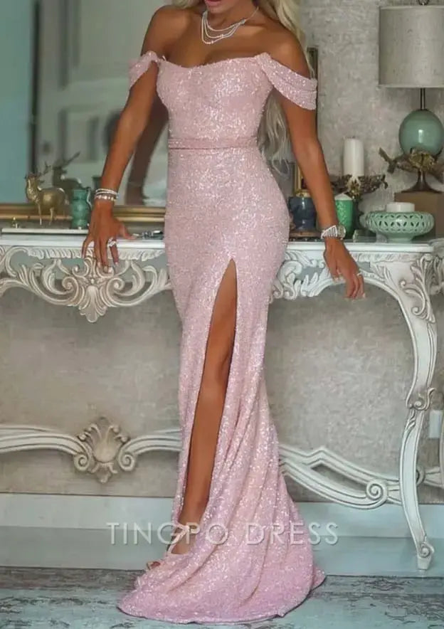 TingPo Wholesale Elegant Trumpet/Mermaid Off-the-Shoulder Sweep Train Shimmer Sequined Prom Dress With Sashes Split